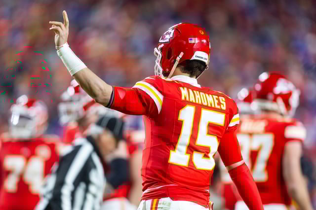 Kansas City Chiefs QB Patrick Mahomes (15) reacts during the AFC Championship game at GEHA Field at Arrowhead Stadium.