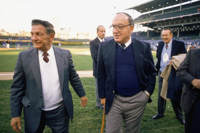1989: MLB Commissioner Fay Vincent walks the field before the NLCS Game one of the 1989 Baseball Playoffs in the 1989 season.
