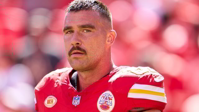 Travis Kelce of the Kansas City Chiefs looks on before kickoff against the Chicago Bears at GEHA Field at Arrowhead Stadium on September 24, 2023 in Kansas City, Missouri.