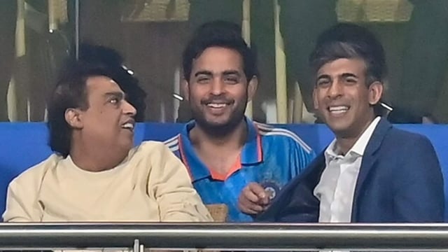 Rishi Sunak interacts with Mukesh Ambani, Akash Ambani during a T20I match between India Vs England at Wankhede Stadium in Mumbai, India, on Sunday, February 2, 2025. (Photo by Anshuman Poyrekar/ Hindustan Times)