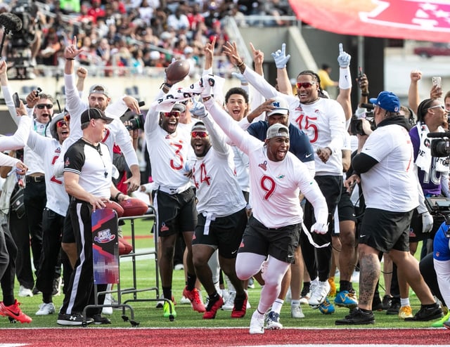 The AFC team celebrates winning the punt accuracy competition during the NFC and AFC Pro Bowl Flag football game at Camping World Stadium in Orlando, Fla., Sunday, Feb. 2, 2025. (Willie J. Allen Jr./Orlando Sentinel)