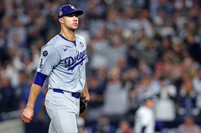 Oct 30, 2024; New York, New York, USA; Los Angeles Dodgers pitcher Jack Flaherty (0) reacts after being relieved during the second inning against the New York Yankees in game four of the 2024 MLB World Series at Yankee Stadium. Mandatory Credit: Brad Penner-Imagn Images/File Photo
