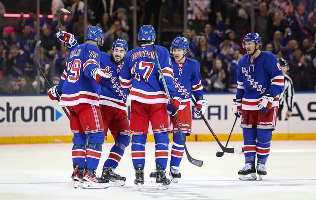 Feb 2, 2025; New York, New York, USA; New York Rangers defenseman K'Andre Miller (79) celebrates his goal against the Vegas Golden Knights during the third period at Madison Square Garden. Mandatory Credit: Danny Wild-Imagn Images