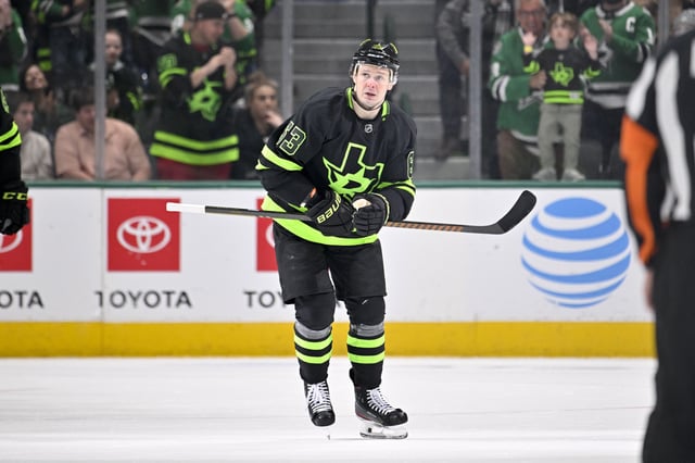Feb 2, 2025; Dallas, Texas, USA; Dallas Stars right wing Evgenii Dadonov (63) skates off the ice after scoring his second goal against the Columbus Blue Jackets during the third period at the American Airlines Center. Mandatory Credit: Jerome Miron-Imagn Images