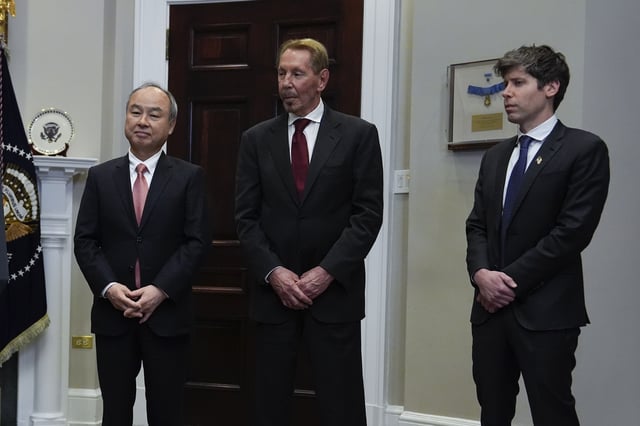 FILE - Masayoshi Son, SoftBank Group CEO, from left, Larry Ellison, chairman of Oracle Corporation and chief technology officer, and Sam Altman, OpenAI CEO listen to President Donald Trump in the Roosevelt Room at the White House, Tuesday, Jan. 21, 2025, in Washington. (AP Photo/Julia Demaree Nikhinson, File)