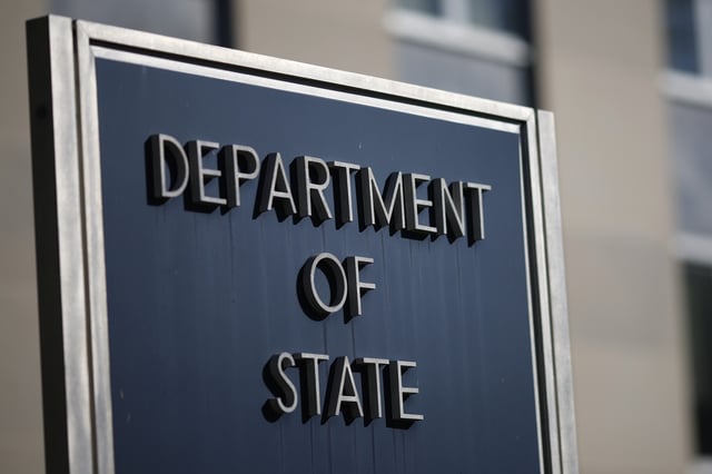 A sign for the U.S. Department of State is pictured on October 08, 2024 in Washington, DC.