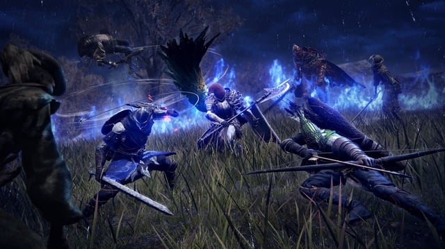 Three warriors fend off invaders at night in Elden Ring: Nightreign.