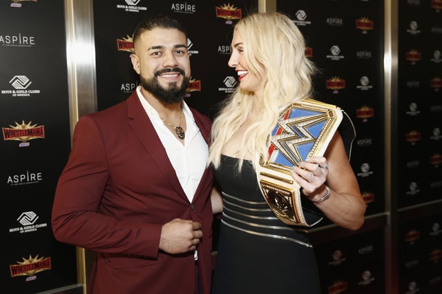 WWE Superstars Andrade and Charlotte Flair attend the WWE Superstars For Hope Reception on April 05, 2019 in New York City.