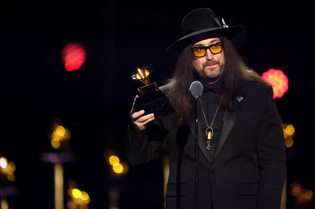 Sean Ono Lennon accepting the best rock performance Grammy on behalf of The Beatles' for their new song 'Now and Then' at the 2025 Grammys.