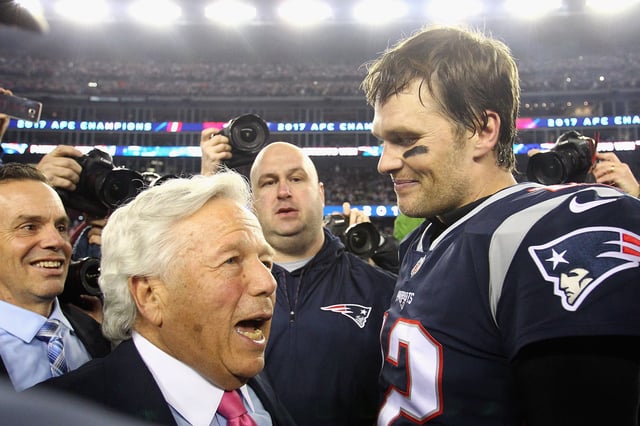 Tom Brady celebrates with New England Patriots owner Robert Kraft after winning the AFC Championship Game against the Jacksonville Jaguars at Gillette Stadium on January 21, 2018 in Foxborough, Massachusetts.