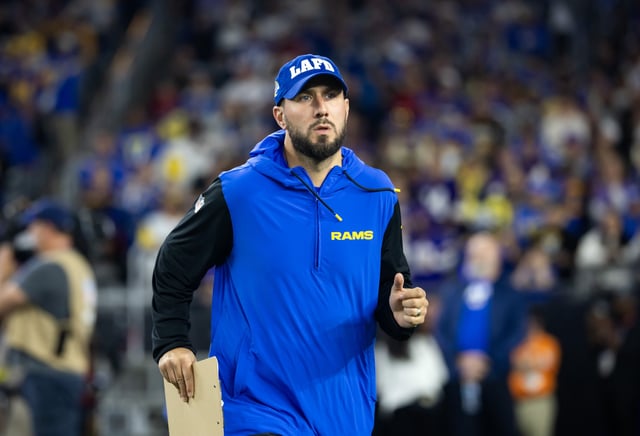 Jan 13, 2025; Glendale, AZ, USA; Los Angeles Rams tight ends coach Nick Caley against the Minnesota Vikings during an NFC wild card game at State Farm Stadium. Mandatory Credit: Mark J. Rebilas-Imagn Images/File Photo