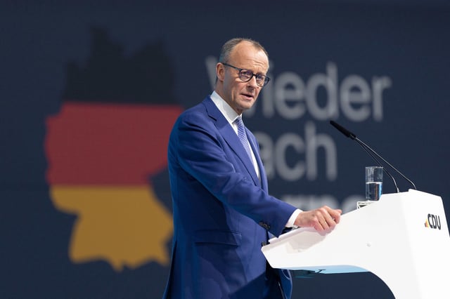 Friedrich Merz, chancellor candidate and leader of the Christian Democrats (CDU), speaks to delegates at a CDU party congress in Berlin on February 3.