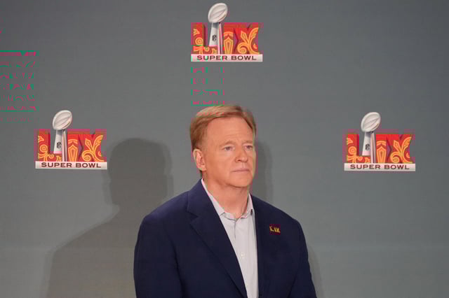 Feb 3, 2025; New Orleans, LA, USA; NFL commissioner Roger Goodell looks on during a press conference ahead of Super Bowl LIX at New Orleans Saints Locker Room. Mandatory Credit: Kirby Lee-Imagn Images