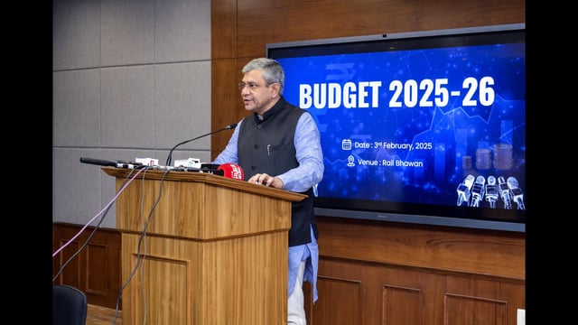 Union railways minister Ashwini Vaishnav addresses a press conference on key highlights of the Railway Budget 2025 in New Delhi on Monday. (ANI)