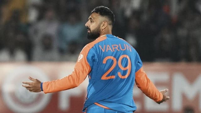 Indian spinner Varun Chakravarthy celebrates a wicket during the recently concluded T20I series against England. (PTI Photo)