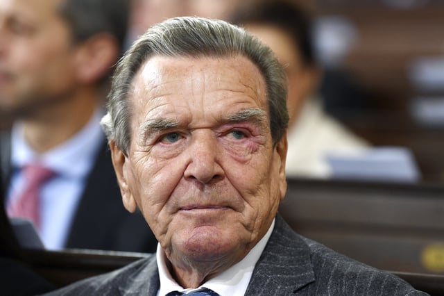 FILE - Former German Chancellor Gerhard Schröder attends an ecumenical service on occasion of the celebration of the German reunification in the St. Michaelis church in Hamburg, Germany, Tuesday, Oct. 3, 2023. (AP Photo/Gregor Fischer, Pool, File)