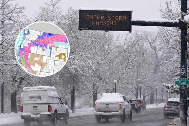 Motorists pass under an electric sign illuminated with a warning of a storm (main) and a map showing winter storm warnings in the Pacific Northwest (inset).