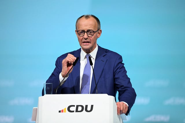 CDU party leader and top candidate for chancellor, Friedrich Merz, gestures as he speaks during the 37. Federal Party Convention of the Christian Democratic Union (CDU) ahead of the upcoming 2025 general election in Berlin, Germany February 3, 2025. REUTERS/Annegret Hilse/File Photo