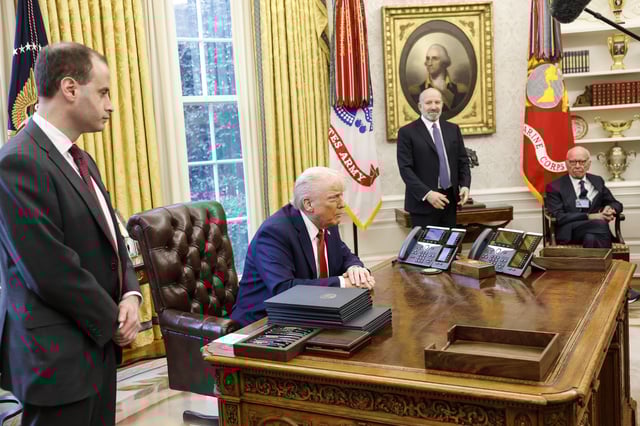U.S. President Donald Trump speaks to reporters in the Oval Office of the White House on February 03, 2025 in Washington, DC. After signing a series of executive orders and proclamations, Trump spoke to reporters about a range of topics including recent negotiations with Mexico on tariffs. Trump was joined in the Oval Office by (L-R) White House staff secretary Will Scharf, Howard Lutnick, his nominee for Commerce Secretary, and Former Executive Chairman of Fox Corp Rupert Murdoch.
