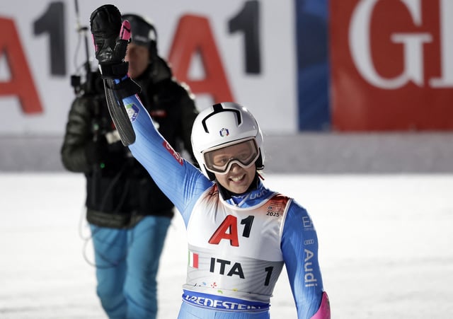 Alpine Skiing - FIS Alpine World Ski Championships - Team Parallel - Saalbach, Austria - February 4, 2025 Italy's Giorgia Collomb reacts during the big final against Switzerland's Wendy Holdener REUTERS/Leonhard Foeger