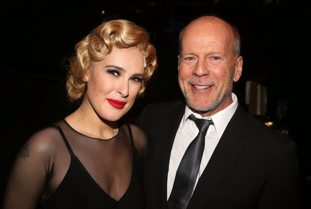 Rumer Willis and father Bruce Willis pose backstage as Rumer makes her broadway debut as &#34;Roxie Hart&#34; in Broadway&#39;s &#34;Chicago&#34; on Broadway at The Ambassador Theater on September 21, 2015 in New York City.