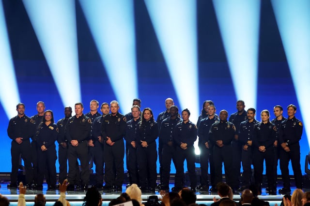 Members of the Los Angeles County Fire Department are seen onstage during the 67th Annual GRAMMY Awards at Crypto.com Arena on February 02, 2025 in Los Angeles, California.