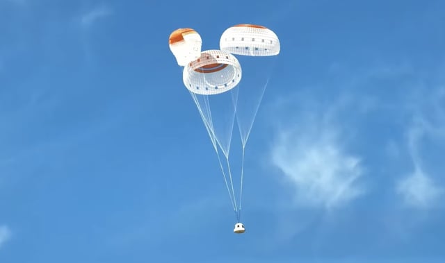 Blue Origin's New Shepard capsule returns to Earth on the NS-29 suborbital mission Feb. 4. One of three parachutes did not initially inflate but did fully open before landing.