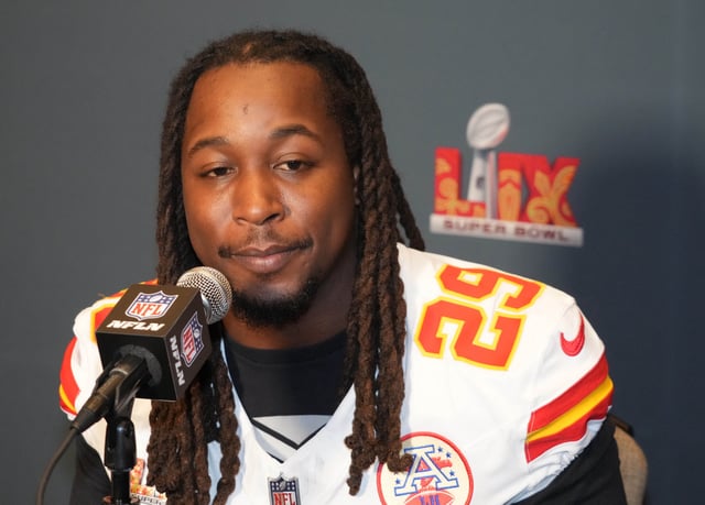Feb 4, 2025; New Orleans, LA, USA;  Kansas City Chiefs running back Kareem Hunt (29) at a press conference in advance of Super Bowl LIX at New Orleans Marriott. Mandatory Credit: Kirby Lee-Imagn Images
