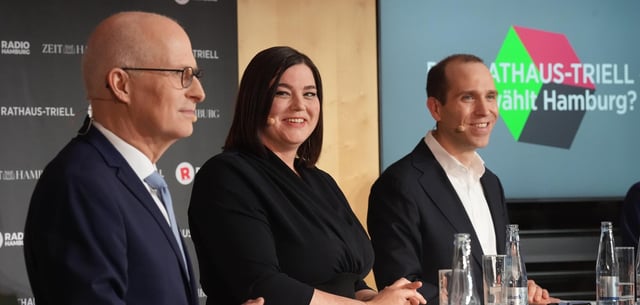 SPD-Bürgermeister Peter Tschentscher (l.) mit Katharina Fegebank (Grüne) und CDU-Herausforderer Dennis Thering
