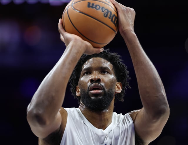 Jan 29, 2025; Philadelphia, Pennsylvania, USA; Philadelphia 76ers Joel Embiid practices before his team takes the court for a game against the Sacramento Kings at Wells Fargo Center. Mandatory Credit: Bill Streicher-Imagn Images/File Photo