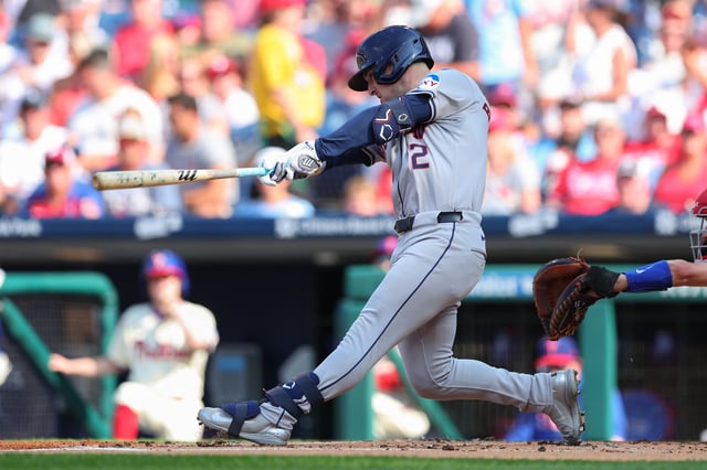 PHILADELPHIA, PENNSYLVANIA - AUGUST 28: Alex Bregman #2 of the Houston Astros takes an at-bat during the first inning against the Philadelphia Phillies at Citizens Bank Park on August 28, 2024 in Philadelphia, Pennsylvania. The Astros won 10-0.