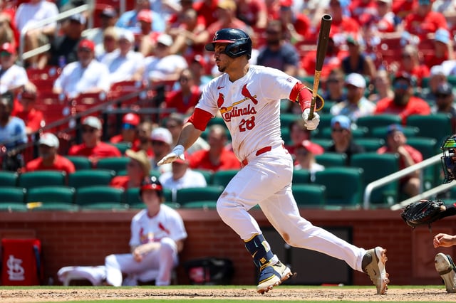ST. LOUIS, MO - MAY 19: Nolan Arenado #28 of the St. Louis Cardinals hits a single during the seventh inning against the Boston Red Sox at Busch Stadium on May 19, 2024 in St. Louis, Missouri.