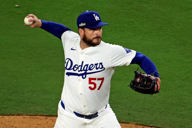 Oct 20, 2024; Los Angeles, California, USA; Los Angeles Dodgers pitcher Ryan Brasier (57) during the fifth inning during game six of the NLCS for the 2024 MLB playoffs at Dodger Stadium. Mandatory Credit: Kiyoshi Mio-Imagn Images/FIle Photo