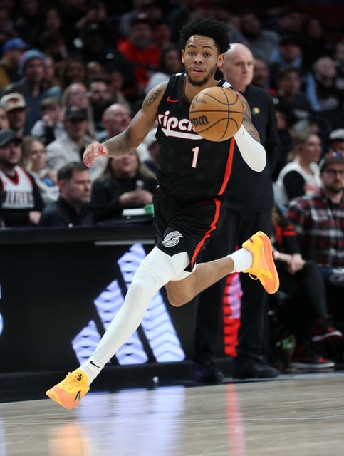 Feb 4, 2025; Portland, Oregon, USA; Portland Trail Blazers guard Anfernee Simons (1) dribbles upcourt against the Indiana Pacers in the second half at Moda Center. Mandatory Credit: Jaime Valdez-Imagn Images