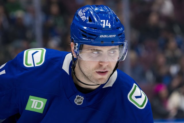 Feb 4, 2025; Vancouver, British Columbia, CAN; Vancouver Canucks forward Jake DeBrusk (74) during a stop in play against the Colorado Avalanche in the third period at Rogers Arena. Mandatory Credit: Bob Frid-Imagn Images