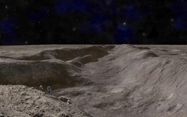 Artistic rendering of astronauts standing on the edge of the Vallis Schrödinger canyon on the moon.