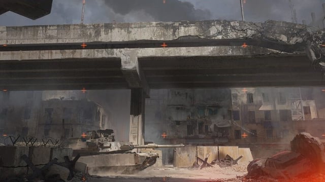 A still of pre-alpha gameplay from the next Battlefield showing soldiers running past a collapsing building.