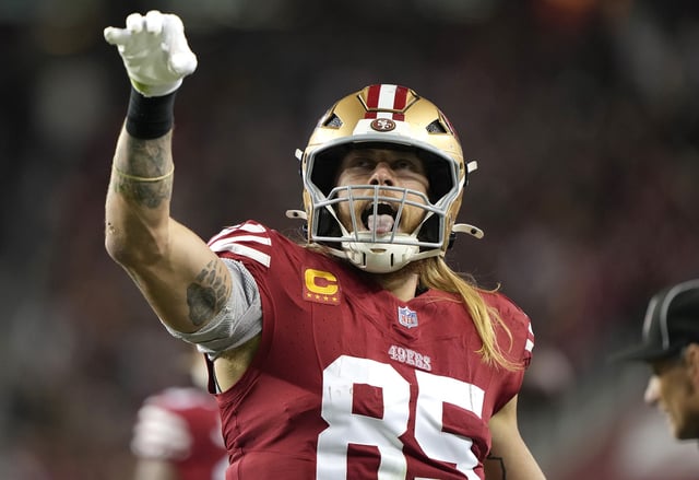 SANTA CLARA, CALIFORNIA - DECEMBER 30: George Kittle #85 of the San Francisco 49ers reacts after catching a pass for a first down against the Detroit Lions during the first quarter of an NFL football game at Levi&#39;s Stadium on December 30, 2024 in Santa Clara, California.