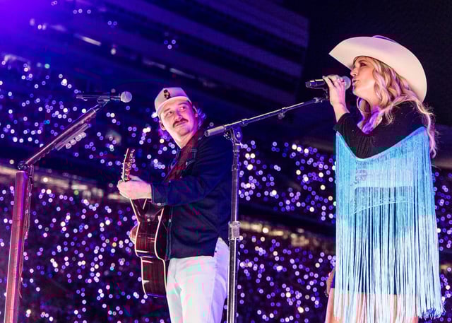 Morgan Wallen and Miranda Lambert perform onstage on Morgan Wallen's "One Night at a Time" tour at Neyland Stadium on Sept. 22, 2024 in Knoxville, Tennessee.