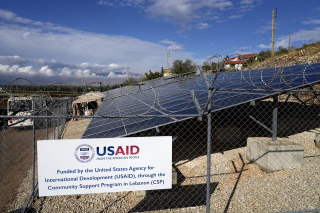 FILE - Solar panels system funded by United States Agency for International Development (USAID) are seen in the Lebanese-Syrian border town of Majdal Anjar, eastern Bekaa valley, Lebanon, Nov. 9, 2022. (AP Photo/Bilal Hussein, File)