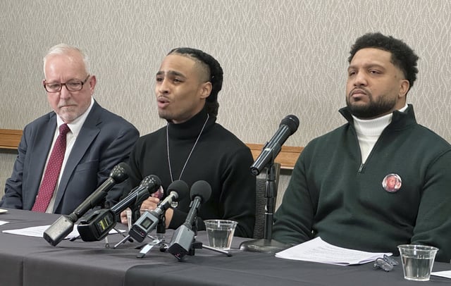 FILE - Robert Brooks Jr. speaks during a news conference as his lawyer Steve Schwarz, left, and Jared Ricks, listen in Rochester, N.Y., Wednesday, Jan. 15, 2024. (AP Photo/Carolyn Thompson, File)