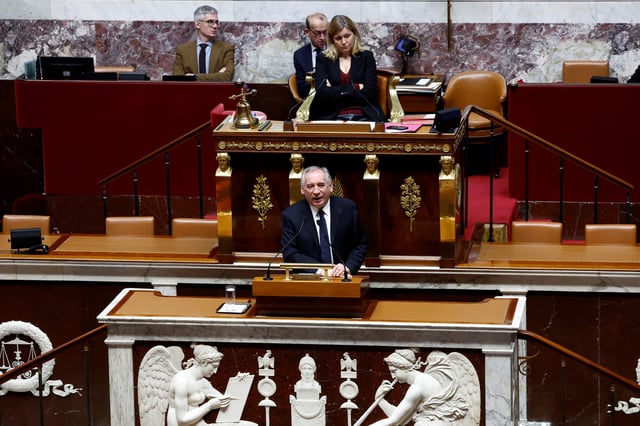 French Prime Minister Francois Bayrou delivers a speech as Yael Braun-Pivet, President of the National Assembly, listens to during a debate on a motion of no-confidence against the French government on the 2025 budget bill (PLF), tabled by members of parliament of La France Insoumise (France Unbowed - LFI) parliamentary group, at the National Assembly in Paris, France, February 5, 2025. REUTERS/Gonzalo Fuentes