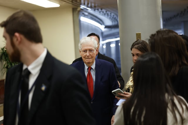 U.S. Sen. Mitch McConnell (R-KY) walks through the Senate Subway in the U.S. Capitol on January 27, 2025 in Washington, DC.