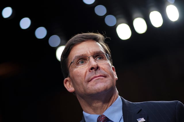 In this 2020 photo, Mark Esper testifies in the Hart Senate Office Building in Washington, DC.
