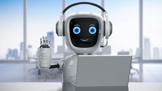 Illustration of a robot wearing a headset and sitting in front of a laptop