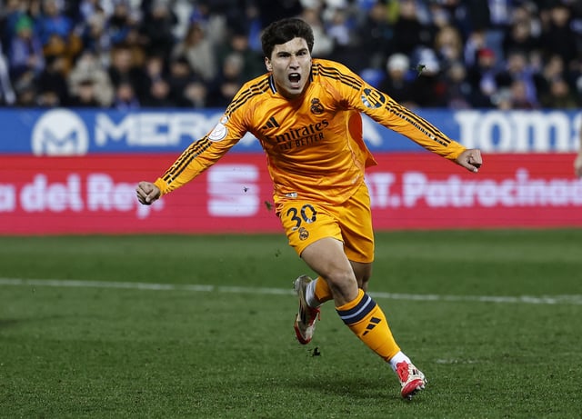 Soccer Football - Copa del Rey - Quarter Final - Leganes v Real Madrid - Estadio Municipal de Butarque, Leganes, Spain - February 5, 2025 Real Madrid's Gonzalo Garcia celebrates scoring their third goal REUTERS/Juan Medina