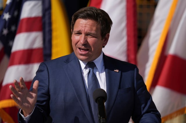 Florida Gov. Ron DeSantis speaks at a press conference at Florida International University&#39;s Wall of Wind, Wednesday, Feb. 5, 2025, in Miami. (AP Photo/Rebecca Blackwell)
