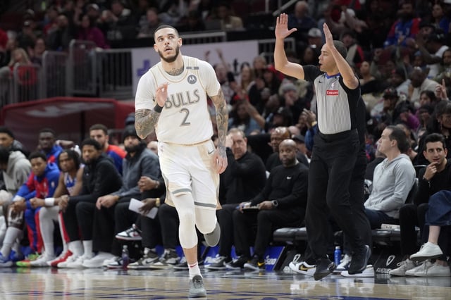 Jan 25, 2025; Chicago, Illinois, USA; Chicago Bulls guard Lonzo Ball (2) gestures after makingg a three point basket against the Philadelphia 76ers during the second half at United Center. Mandatory Credit: David Banks-Imagn Images/File Photo