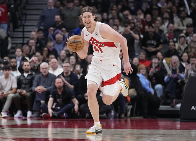 Feb 4, 2025; Toronto, Ontario, CAN; Toronto Raptors forward Kelly Olynyk (41) dribbles the ball against the New York Knicks during the second half at Scotiabank Arena. Mandatory Credit: John E. Sokolowski-Imagn Images/File Photo