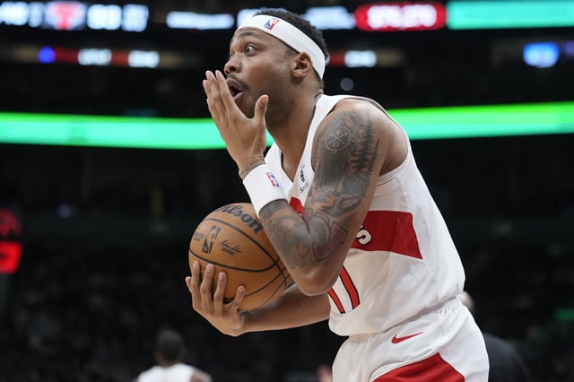 FILE PHOTOFeb 4, 2025; Toronto, Ontario, CAN; Toronto Raptors guard Bruce Brown (11) reacts to being called for a foul against the New York Knicks during the second half at Scotiabank Arena. Mandatory Credit: John E. Sokolowski-Imagn Images/File Photo